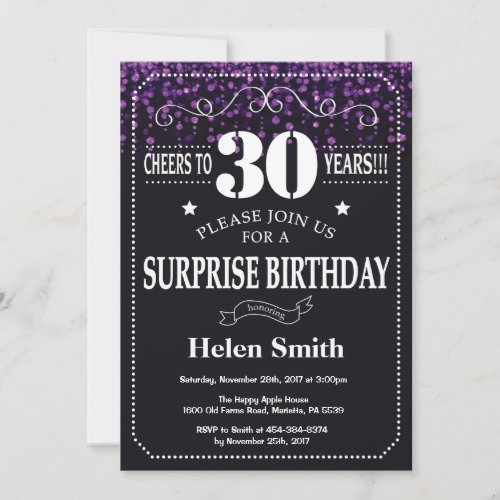 Purple Glitter Surprise 30th Birthday Invitation