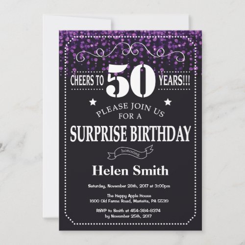 Purple Glitter Surprise 50th Birthday Invitation