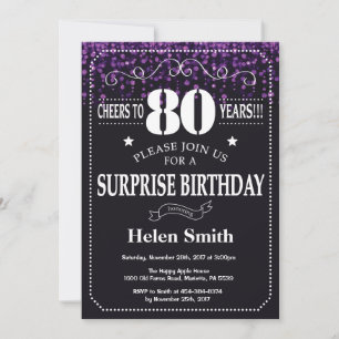 Purple Glitter Surprise 80th Birthday Invitation