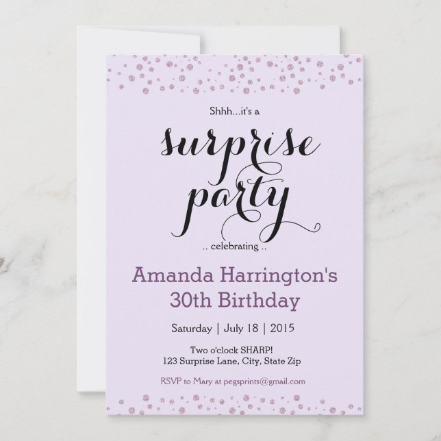 Purple Glitter Surprise Birthday Party Invitations (Front)