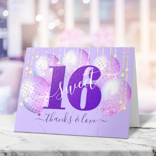 Purple Glitter Sweet 16 Birthday Balloon Girly Letterpress Thank You Card