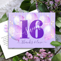 Purple Glitter Sweet 16 Birthday Balloon Thank You