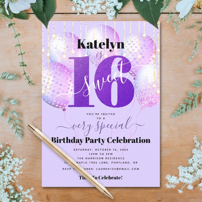 Purple Glitter Sweet 16 Birthday Balloons Modern Invitation (Creator Uploaded)