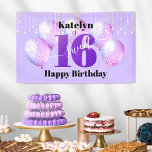 Purple Glitter Sweet 16 Birthday Balloons Script Banner<br><div class="desc">“Happy Sweet 16”. Celebrate her birthday with this stunning, simple, festive, modern, personalized banner. Bold, graphic, black typography and white handwritten script overlay a bright purple glitter “16”, purple pink balloons and gold sparkly string lights on a soft purple background. Personalize the custom text with your daughter’s name. Great for...</div>