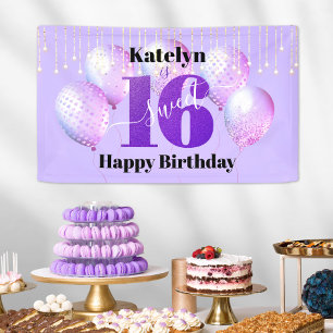 Purple Glitter Sweet 16 Birthday Balloons Script Banner