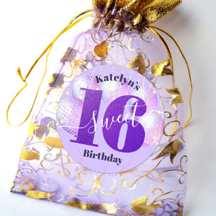 Purple Glitter Sweet 16 Birthday Balloons Script Classic Round Sticker