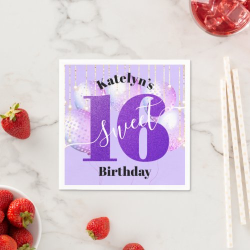 Purple Glitter Sweet 16 Birthday Balloons Script Napkins