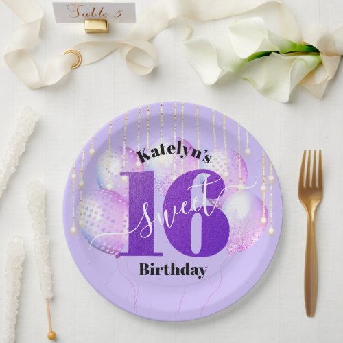 Purple Glitter Sweet 16 Birthday Balloons Script Paper Plates