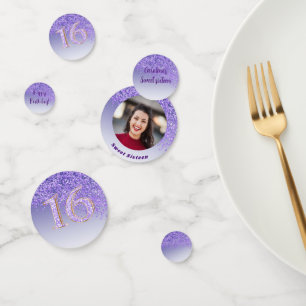 Purple Glitter Sweet 16 Birthday with Photo Confetti