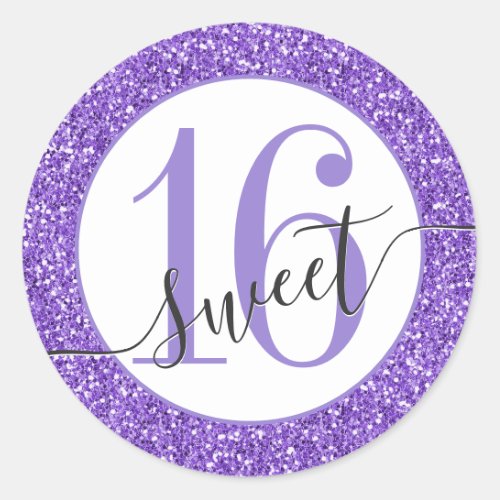 Purple Glitter Sweet 16 Favor Sticker Seal
