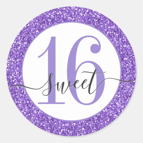 Purple Glitter Sweet 16 Favor Sticker Seal