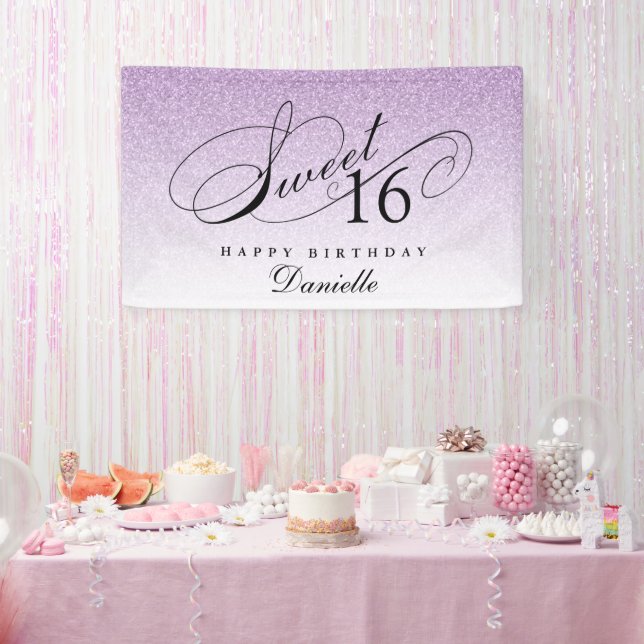 Purple Glitter Sweet 16 Personalized Birthday  Banner (Party)
