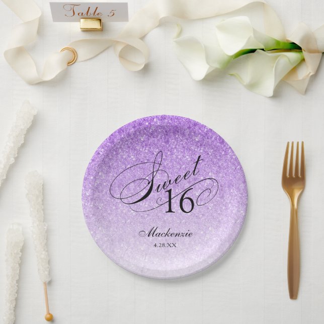 Purple Glitter Sweet 16 Personalized Paper Plates (Wedding)