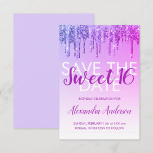 Purple Glitter Sweet 16 Save the Date Invitation