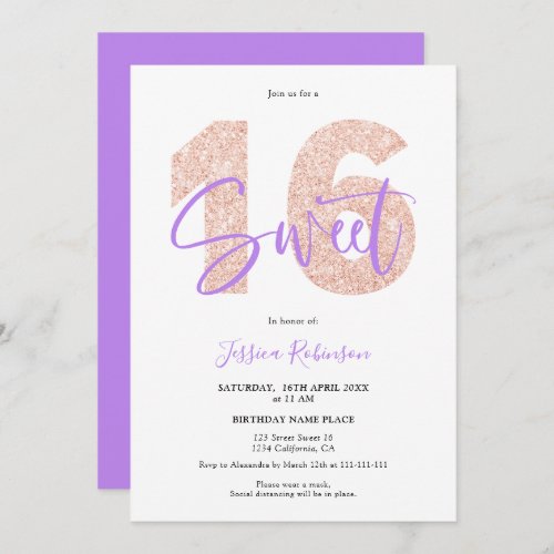 Purple glitter Sweet 16 script photo birthday Invitation