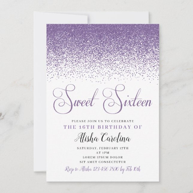Purple Glitter Sweet Sixteen Birthday Invitation (Front)