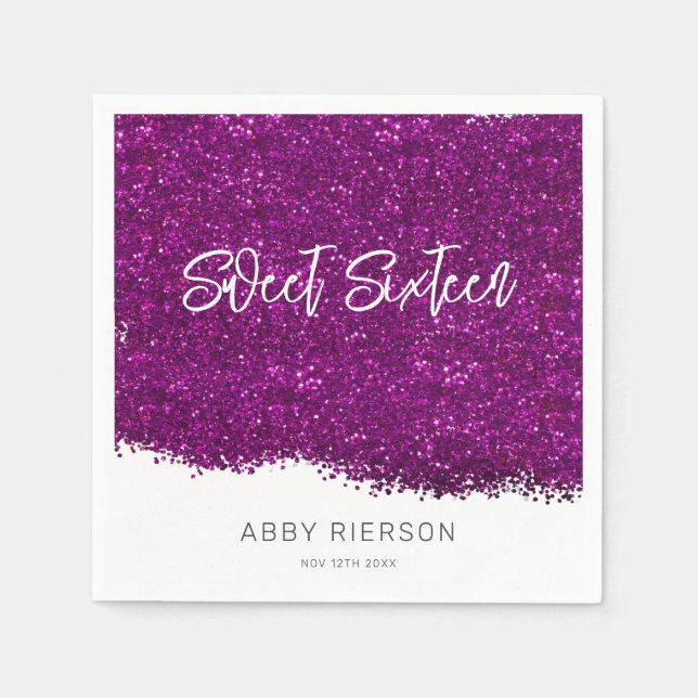 Purple Glitter Sweet Sixteen Custom Name Napkins (Front)