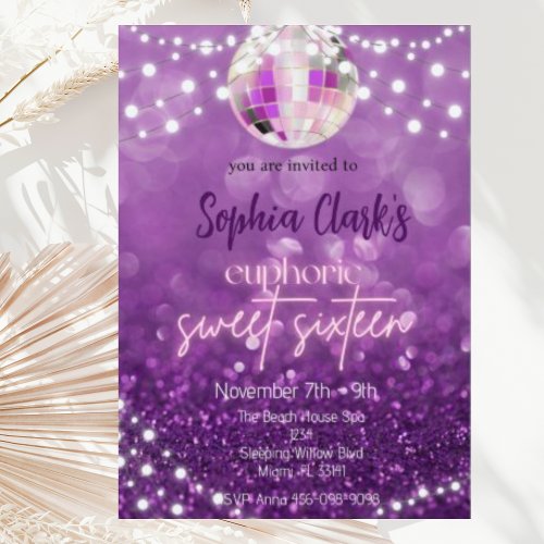 Purple Glitter Sweet Sixteen Euphoria Invitation 