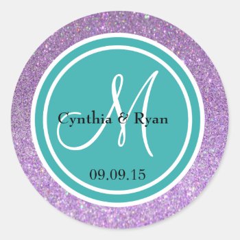 Purple Glitter & Teal Blue Wedding Monogram Classic Round Sticker by Mintleafstudio at Zazzle