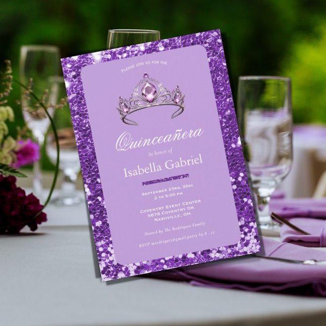 Purple Glitter Tiara Crown Elegant Quinceañera Invitation (Creator Uploaded)