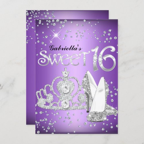 Purple Glitter Tiara  Heels Sweet 16 Invite