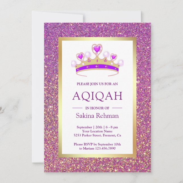 Purple Glitter Tiara Princess Aqiqah Invitation (Front)