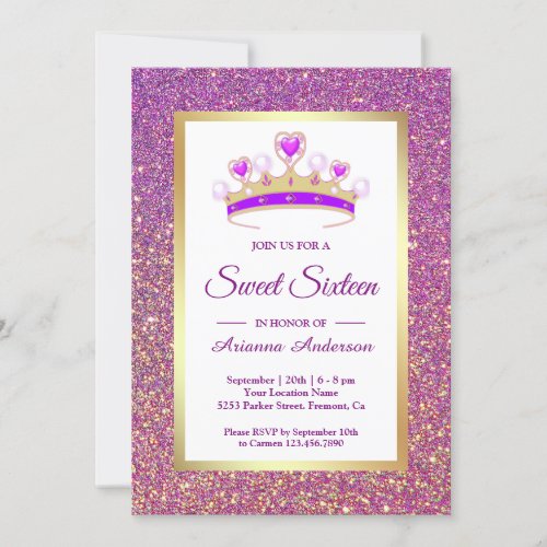 Purple Glitter Tiara Princess Sweet Sixteen Invitation