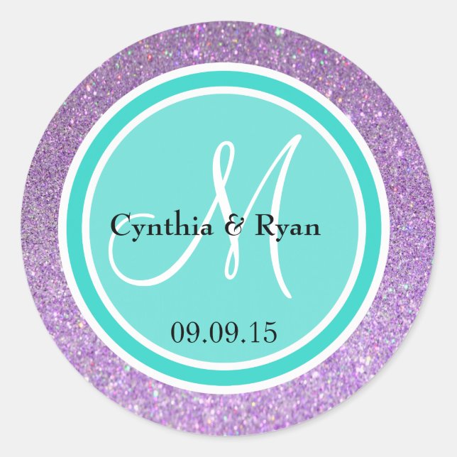Purple Glitter & Turquoise Wedding Monogram Label (Front)