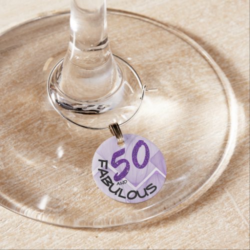 Purple Glitter Typography  Fabulous 50th Birthday Wine Charm