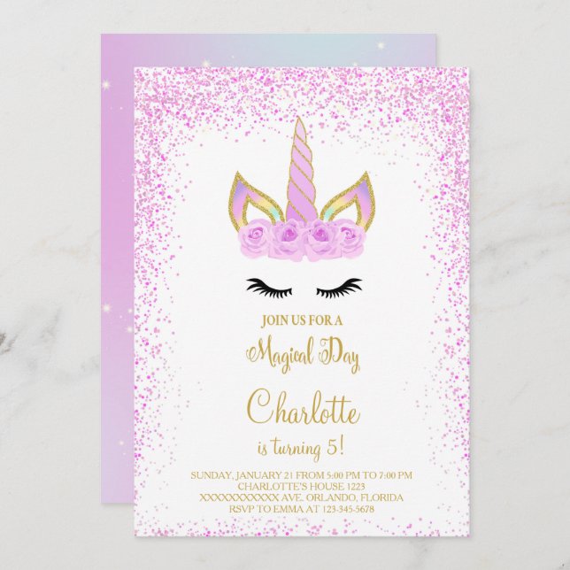 Purple Glitter Unicorn Birthday Invite (Front/Back)