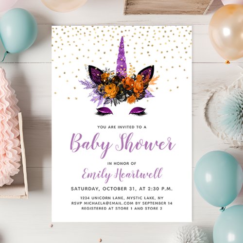 Purple Glitter Unicorn Girl Baby Shower Invitation