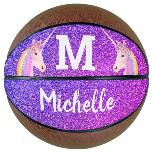 Purple Glitter Unicorn Girls Monogram Personalized Basketball