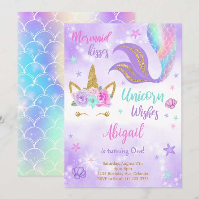 Purple Glitter Unicorn Mermaid Birthday Invitation (Front/Back)