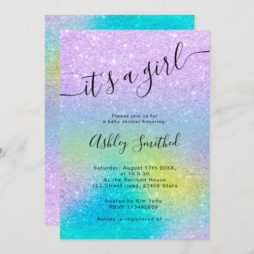 Purple glitter unicorn ombre script baby shower invitation