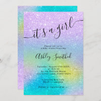 Purple glitter unicorn ombre script baby shower invitation