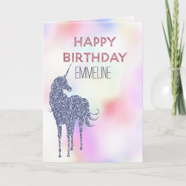 Purple Glitter Unicorn Pink Birthday        Card (Front)