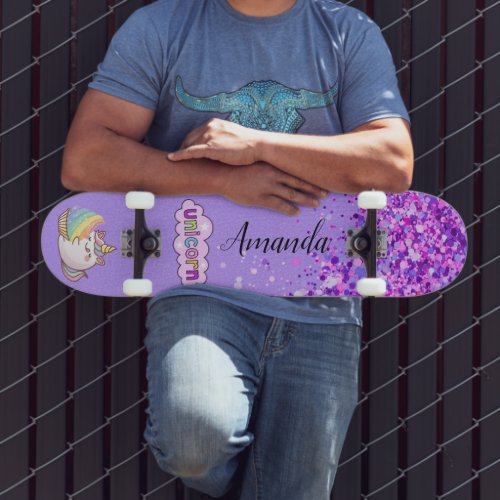 Purple glitter unicorn skateboard