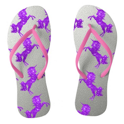 Purple Glitter Unicorns on Metallic Silver Flip Flops