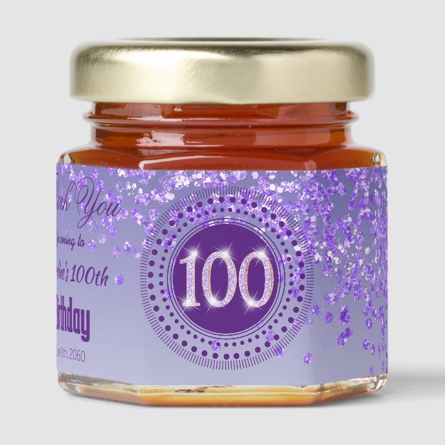Purple Glitter & Unique number 100 Decoration Honey Jar Favors (Front)