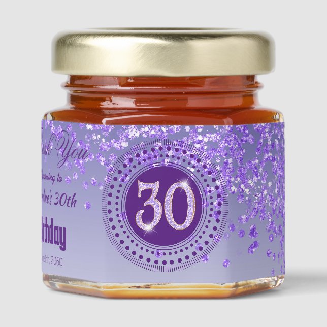 Purple Glitter & Unique number 30 Decoration Honey Jar Favors (Front)