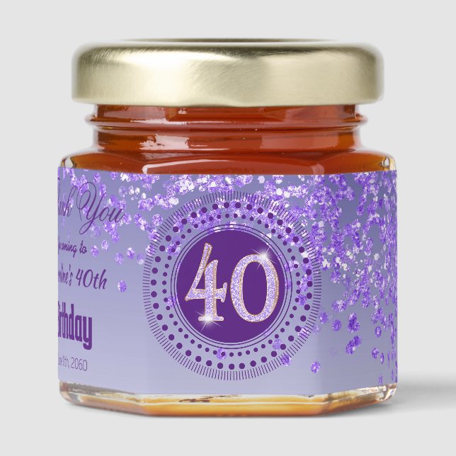 Purple Glitter & Unique number 40 Decoration Honey Jar Favors (Front)