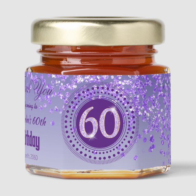 Purple Glitter & Unique number 60 Decoration Honey Jar Favors (Front)