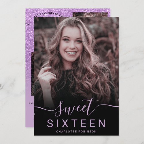 Purple glitter violet ombre 5 photos sweet 16 invitation