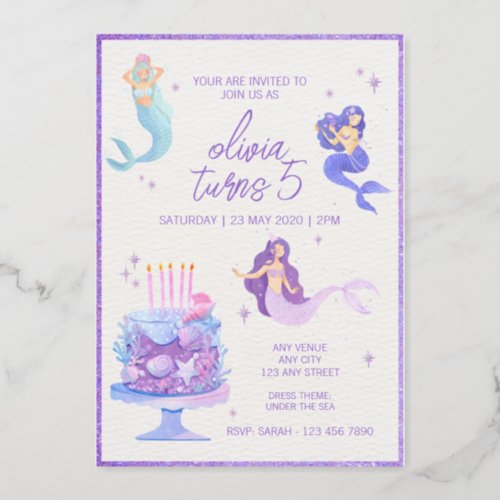 Purple Glitter  Watercolor Mermaid Ocean Birthday Foil Invitation