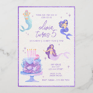 Purple Glitter & Watercolor Mermaid Ocean Birthday Foil Invitation