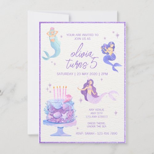 Purple Glitter  Watercolor Mermaid Ocean Birthday Invitation