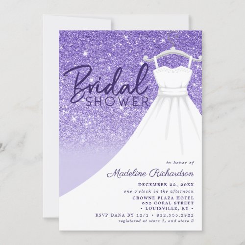 Purple Glitter Wedding Dress Chic Bridal Shower Invitation