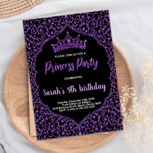 Purple Glitter White Princess Birthday Invitations