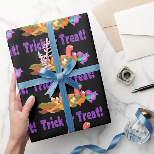 Purple Glitter with Worms Trick or Treat Halloween Wrapping Paper (Gifting)
