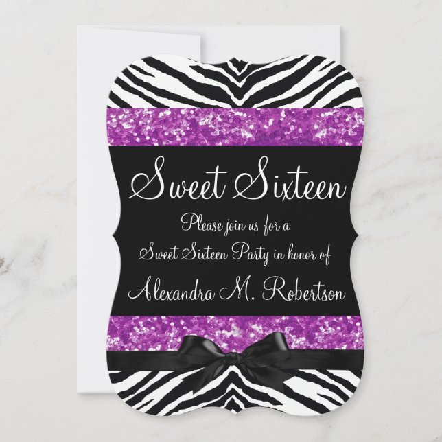 Purple Glitter Zebra Bow Sweet Sixteen Invitation (Front)